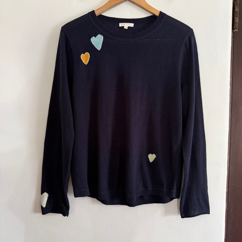 LISA TODD Navy Blue Cotton Linen Blend Heart Lightweight Crewneck Sweater Medium